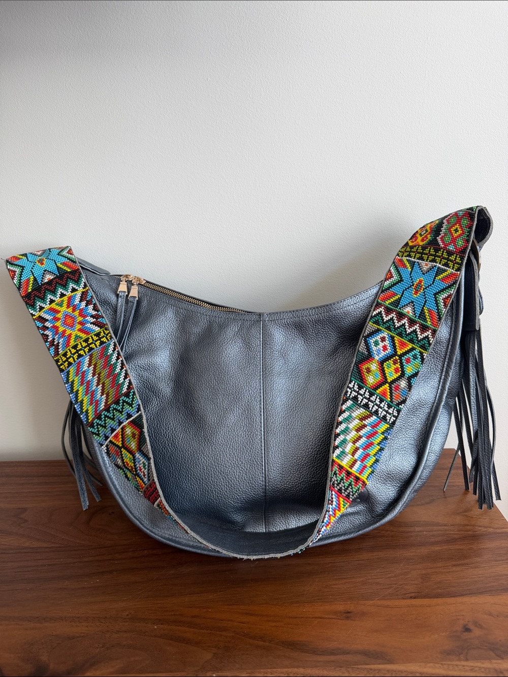 Cristina Orozco Silver Leather Shoulder Bag w/ Colorful Beaded Strap and Fringe